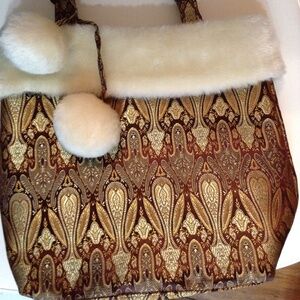 Gold Brown and Copper Color Handbag Pocketbook With Faux Fur and Two Pom Poms